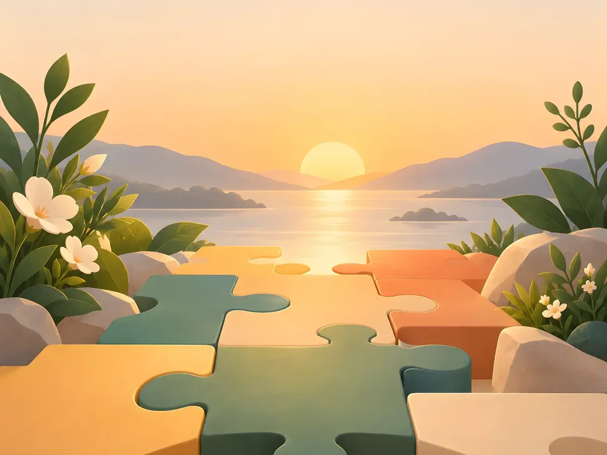 Unrust: puzzle pieces on a calm lake at sunset